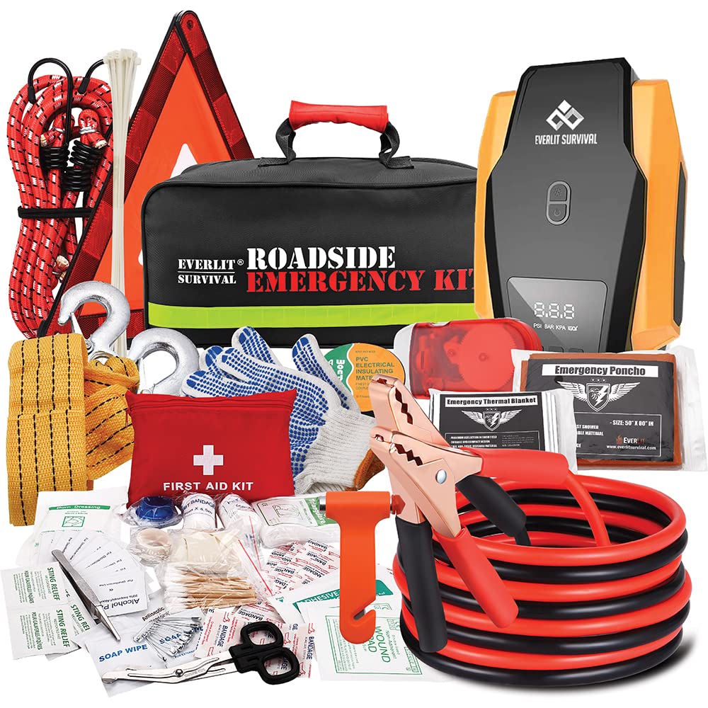 Everlit Survival Car Emergency Kit, Roadside Safety Tool Kit With Gloves,Digital Auto Air Compressor Tire Inflator, First Aid Ki